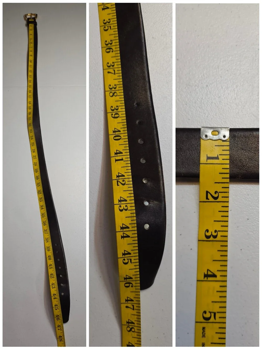 Vintage Men's Dark Brown Leather Belt with Gold Tone Buckle Full Grain Cowhide